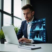 Businessman engrossed in studying financial trends on holographic laptop displays photo