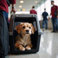 A cute dog is depicted with a pet carrier at a busy airport terminal photo