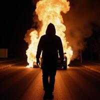 Hooded individual strolling by flaming vehicle under cover of darkness photo