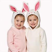 A watercolor portrait featuring an isolated image of a pair of children dressed as bunnies against a white backdrop photo