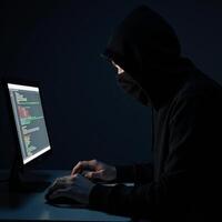 Dark Web Marketplace depicts hooded hacker engaging in Bitcoin transaction signifying secret realm of digital currency cybercrime photo