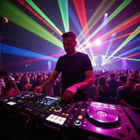 Vibrant rave party setup with DJ gear and flashing lights photo