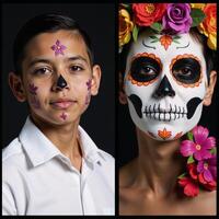 A Mexican boy adorned with Sugar Skull makeup for Day of the Dead celebration photo