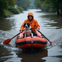 A person and their dog sit aboard an inflatable raft rowing through dark floodwaters during a heavy downpour photo