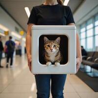 A neuralnetwork rendered image featuring a cat in a box inside an airport with cat motif details photo