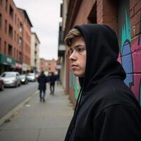 Young man gazes at gritty cityscape amidst themes of urban delinquency and youth challenges photo