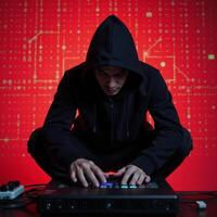 Digital illustration Hacker atop hood against glowing neonred background symbolizing cyber threat and security concern photo