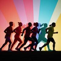 Group of people depicted as multicolored silhouettes in dynamic actionfilled running pose photo