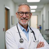 A confident caring elderly doctor beams warmth while dressed professionally in a medical setting photo