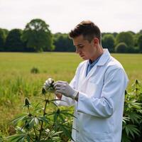 Scientist examines cannabis plant in field Lab Coat photo