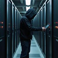 Hacker in hoodie within a data center environment photo
