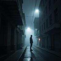 A mysterious figure emerges from a hauntingly beautiful neuralnetwork generated foggy cityscape scene in a misty alleyway during the dead of night photo