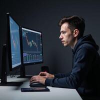 A hooded hacker performs stock analysis at his computer with market data displayed on a nearby phone photo