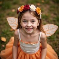Closeup portrait featuring girl in Halloween costume adorned with flower crown photo