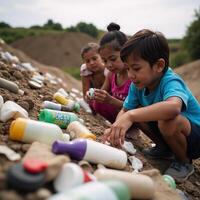 Children observe environmental pollution at a trashfilled dump site photo