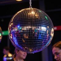 Rainbowhued reflections on a sparkling disco mirror ball photo