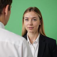 Mentorship conversation with employee seeking guidance employee manager on light green backdrop photo
