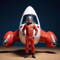 A cartoony redandwhite spaceship features an astronaut with a smile in a red suit photo