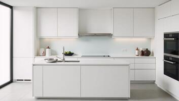 Modern kitchen scene featuring a blured background filled with white furnishings photo