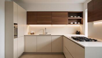 Modern Minimalist Kitchen Closeup shot of beige cabinets and walnut wood open shelves with LED lighting under natural light photo