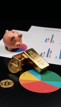 Asset allocation concept shown as an illustration with gold bars bitcoin symbols stock charts and piggy banks placed on a multicolored pie chart against a sleek black backdrop to convey the idea of photo