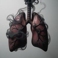 Artistic depiction of polluted lungs shrouded in black smoke representing harmful effects of tobacco on respiratory health photo