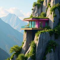 A mountainous region with ecofriendly homes depicted in a vibrant triadic color scheme flat design cartoon illustration photo