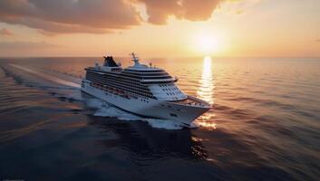 Aerial perspective of a cruise ship sailing amidst a goldenhued summer sunset depicted through neural network art photo