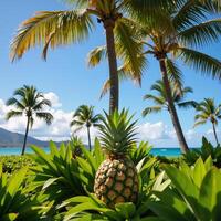 A modern botanical illustration highlights the outlines of palms ferns and other lush tropical flora on a Hawaiian beach scene photo