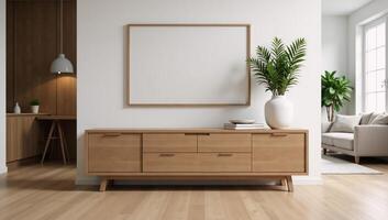 Modern neutraltoned living room features woodpaneled sideboard and empty picture frame minimalist aesthetic creates a warm and inviting ambiance Rendering photo
