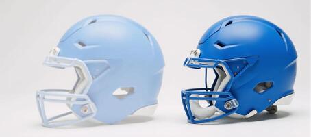 An asymmetric blue football helmet stands alone against a pure white background photo