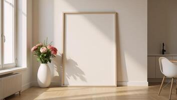 Contemporary mockup featuring a minimalist beige room with rendered design elements photo