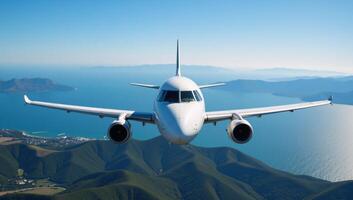 Flying airplane against panoramic blue sky backdrop photo