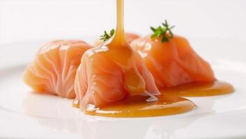 Rich and Appetizing Sauce Oozes Over Salmon Roe Against White Background photo