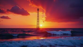 Stunning sunset with a towering telecom tower surrounded by rippling hues of colorful light waves photo