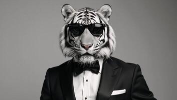 A stylish blackandwhite tiger sketch showcases an elegant yet daring animal in a suit sunglasses and bowtie photo