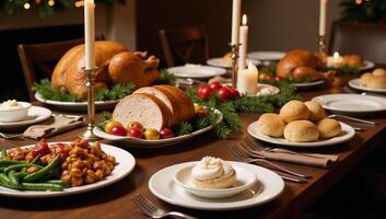 A festive Christmas dinner table with an array of gourmet dishes twinkling lights elegant place settings and a warm inviting atmosphere created by pine garland and candles photo