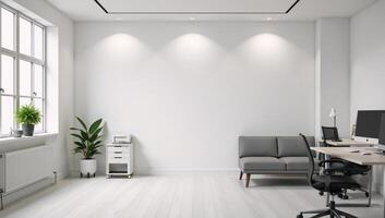 Modern office setting featuring an empty white wall for mockup purposes Rendering photo