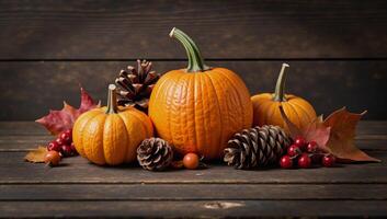 Rustic Fall scene featuring pumpkins leaves pine cones and berries on weathered wooden table for a cozy seasonal ambiance photo