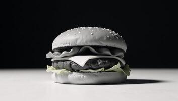 Minimalist blackandwhite art depicting a layered hamburger with sesame seed bun lettuce and cheese photo