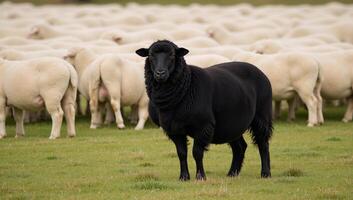 Black sheep stands apart from herd emblematic of distinctiveness photo