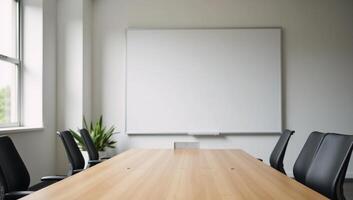 Conference room interior Blank projector screen windows against mockwall background photo