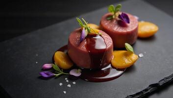 Luxurious foie gras dish with caramelized pear red wine reduction edible flowers and sea salt presented on sleek black slate photo