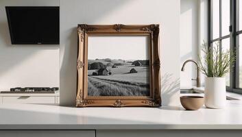 Create a farmhousestyle mockup of a kitchen interior with detailed renders photo