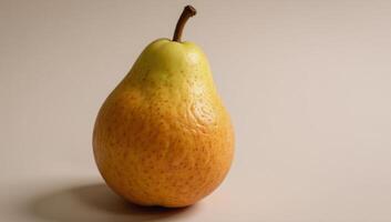 A playful depiction of a friendlylooking colorfully patterned panda munching on juicy ripe pear photo