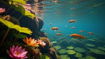 A lively underwater scene showcasing colorful fish amidst blooming waterlilies photo