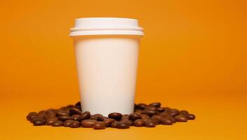 A closeup image showcases a white takeout cup with its lid and roasted coffee beans on an orange background photo