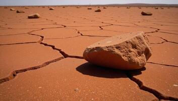 Craggy weathered landscape featuring cracked red soil and strewn rocks photo