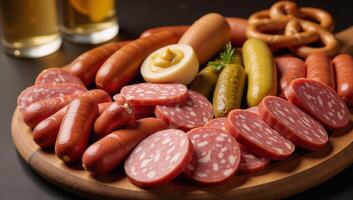 Oktoberfestthemed assortment of various sausages on a charcuterie board photo
