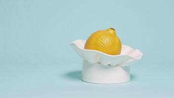 A lemon wearing a chef hat against a soft pastel blue backdrop photo